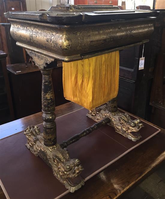 A 19th century Chinese Export black lacquer and gilt painted work table, W.2ft 2in.